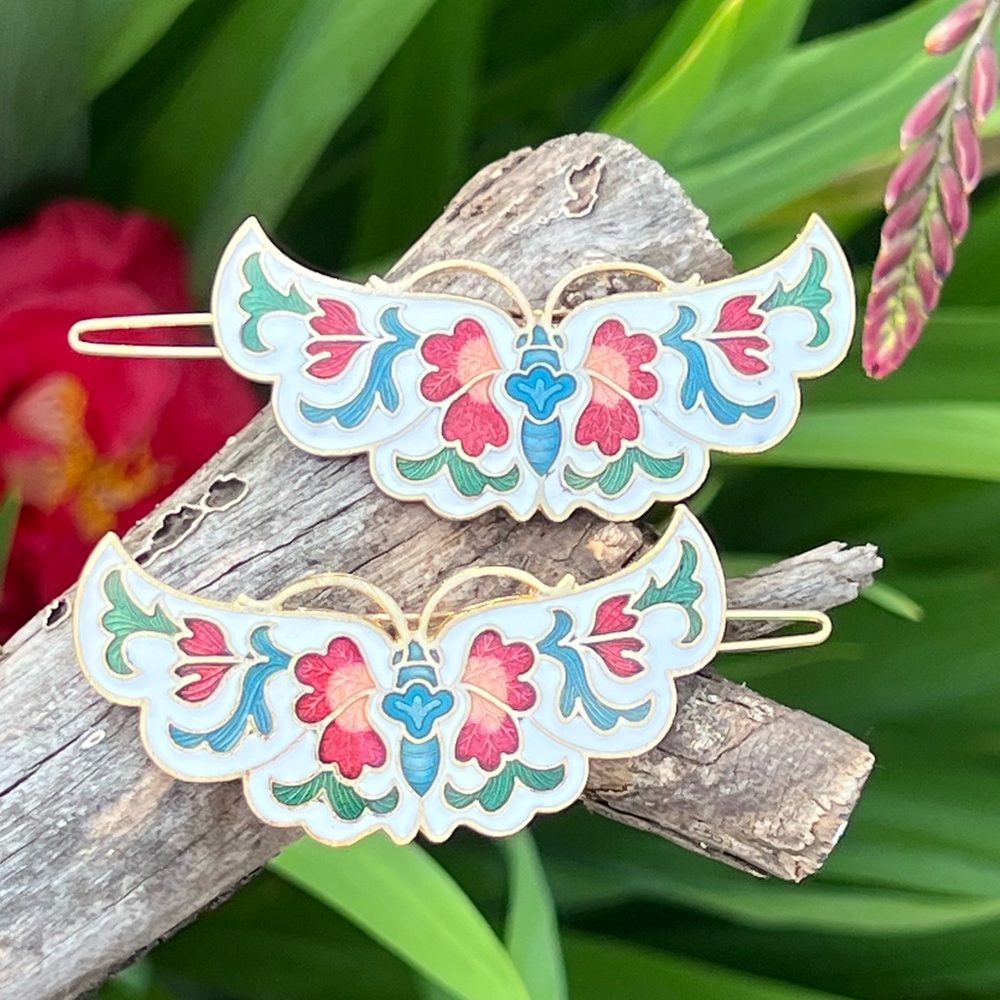 Vintage Cloisonné Enamel Butterfly Hair Barrettes – Set of 2